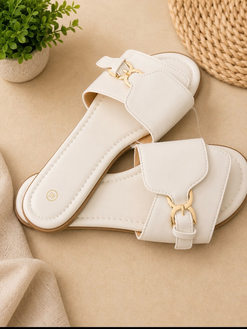 Women's Cream Slip-On Slide Sandals with Gold Accent